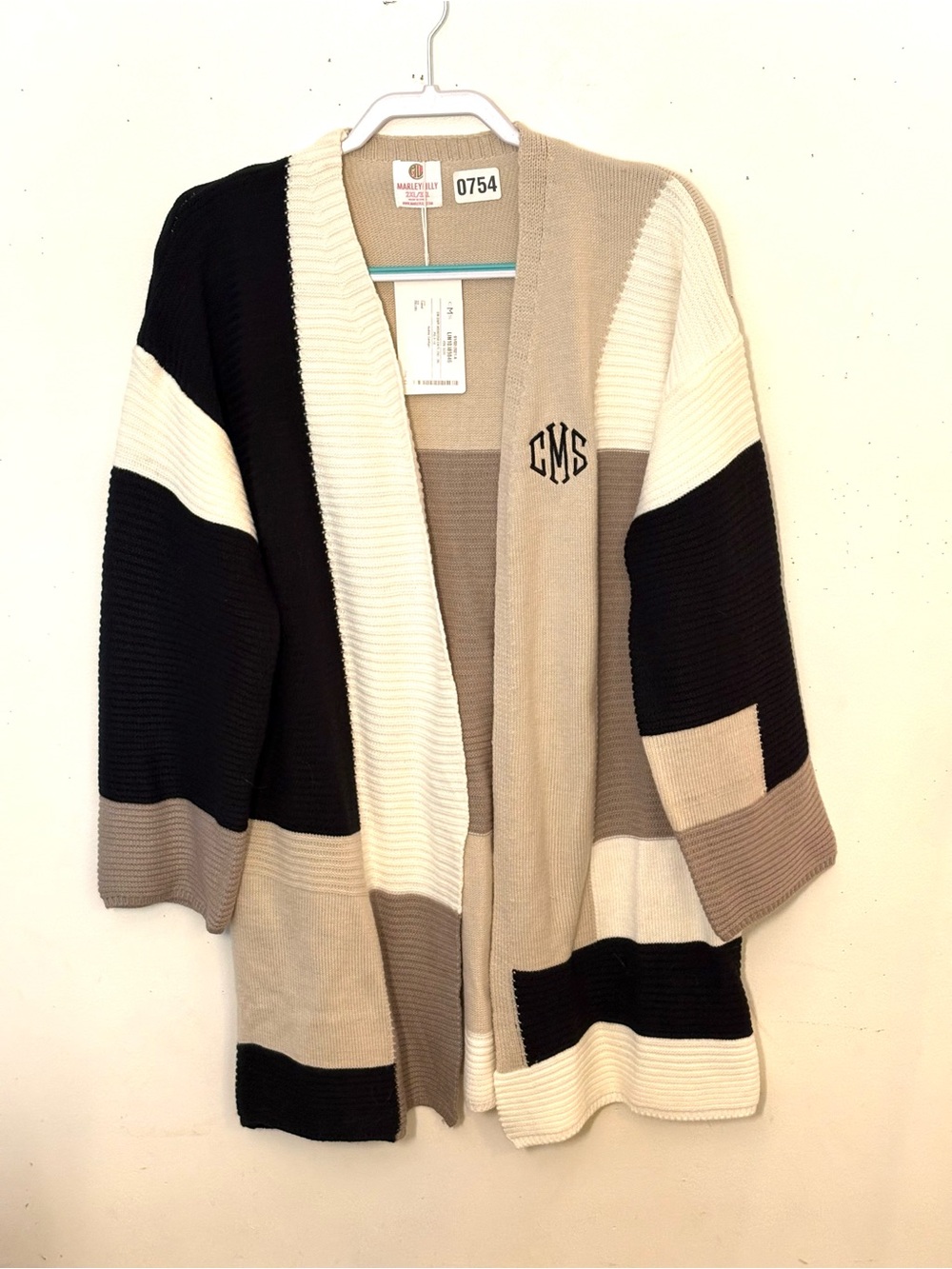 MarleyLilly Colorblock Open-Front Cardigan Sweater - Cream, Black & Tan. NWT.